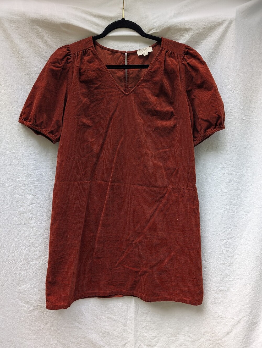 Loft Cotton V neck Puff Sleeve Corduroy Dress Rust Orange Sz LP